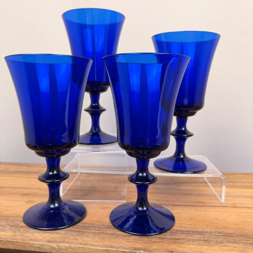 Royal Crystal Poland Cobalt Blue Wine Goblets RPL2 Flared Stemware Set of 4